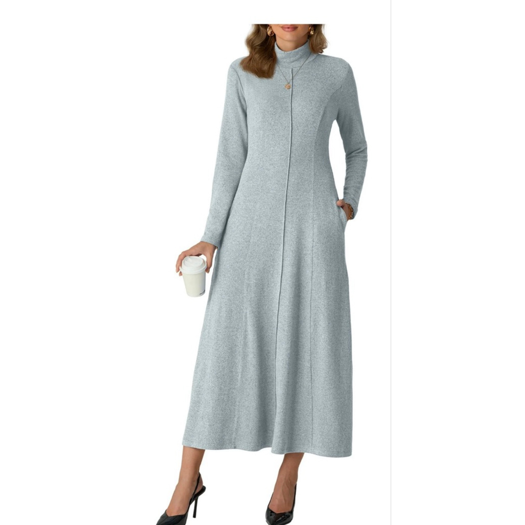 New Super Soft Knit Long Sleeve Mock Neck Pullover Maxi Dress M